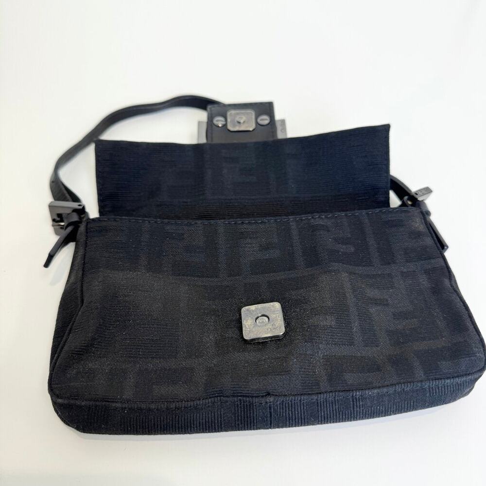 FENDI Black Zucca Monogram Mini Baguette Bag Gunmetal FF Logo Hardware Handbag - Picture 8 of 12
